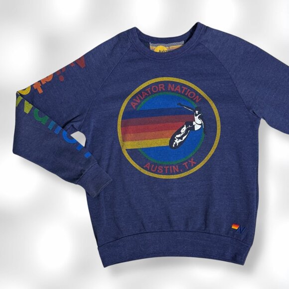 AVIATOR NATION Dark Blue Bold Graphic Pullover Sweatshirt Austin TX SIZE SMALL - Picture 4 of 7